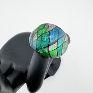 Vintage Dichroic Glass Dome Ring Criss Cross Handblown Artisan Statement